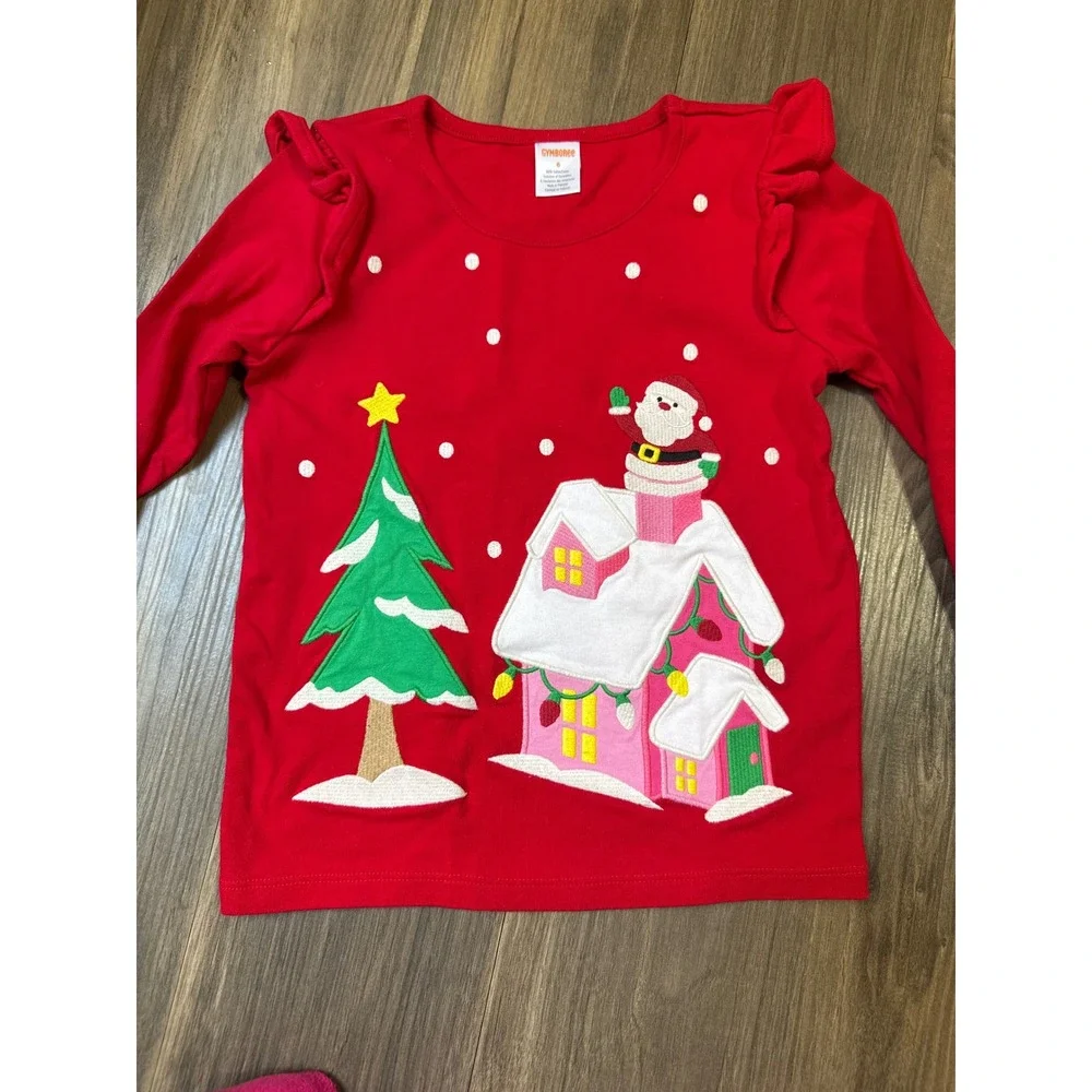 Gymboree Tops Lot Girls Size 6 Pink Red Embroidered Christmas Bulldog 3pc Set